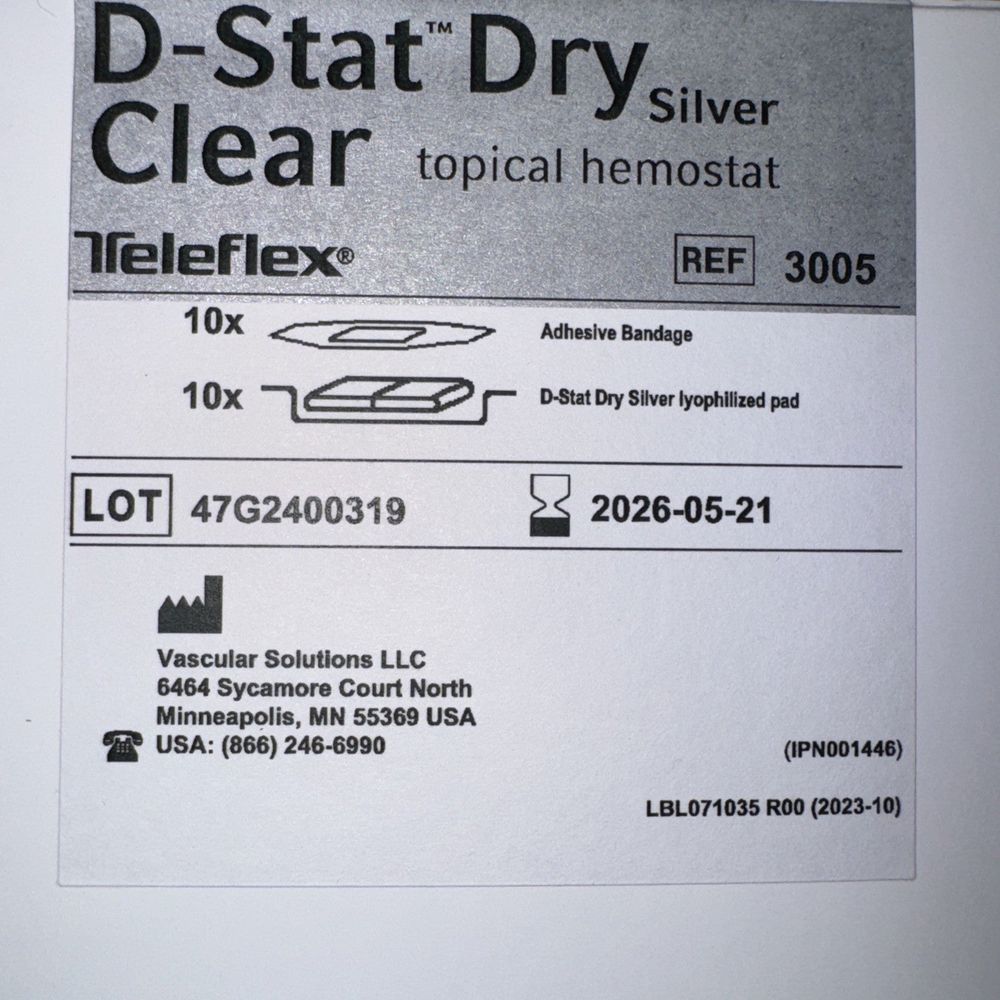 VASCULAR SOLUTIONS 3005 D-Stat Dry Silver Clear Topical Hemostat (10/Box), DaveyDooDeals – a close up of a label on a white wall