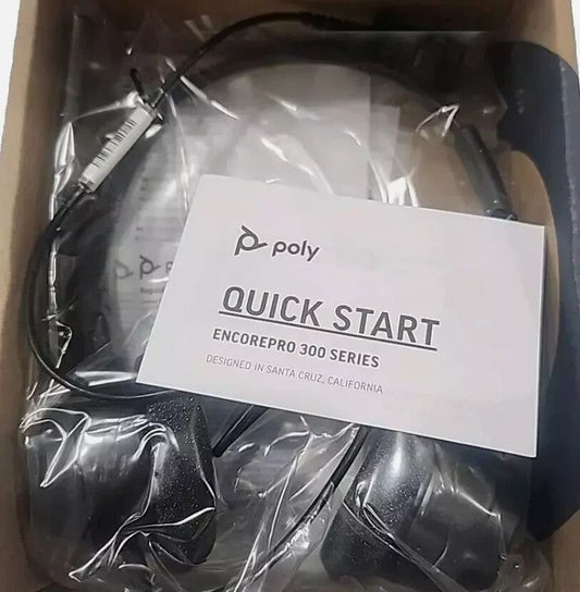 Plantronics Poly EncorePro 320 Stereo Headset - QD - Black (Marked Packaging) – a box of black headphones with a white label