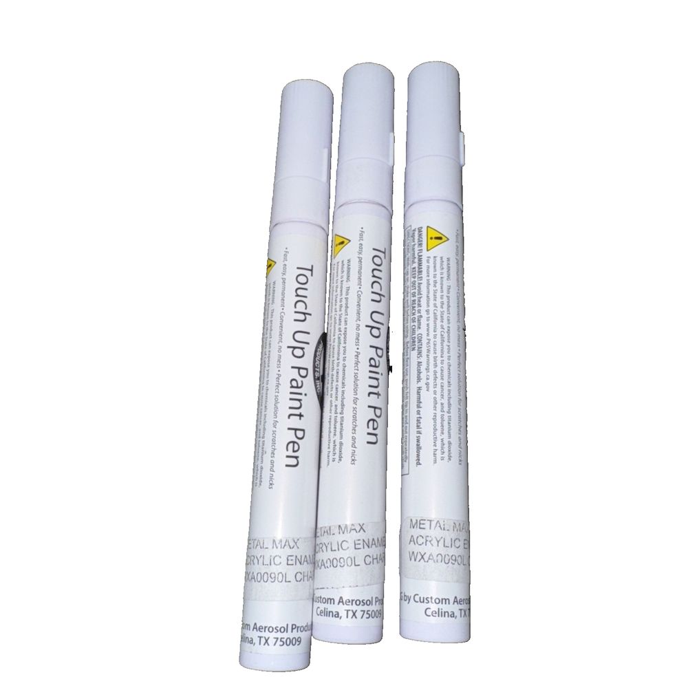 Metal Max Touch Up Paint Pen Acrylic Enamel Charcoal 3 Pack, Custom Aerosol Products – two white tubes with a black marker on the side