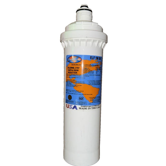 Omnipure ELF- 1M SB Series 5 Micron Carbon Block Water Filter – a white water filter with a blue cap