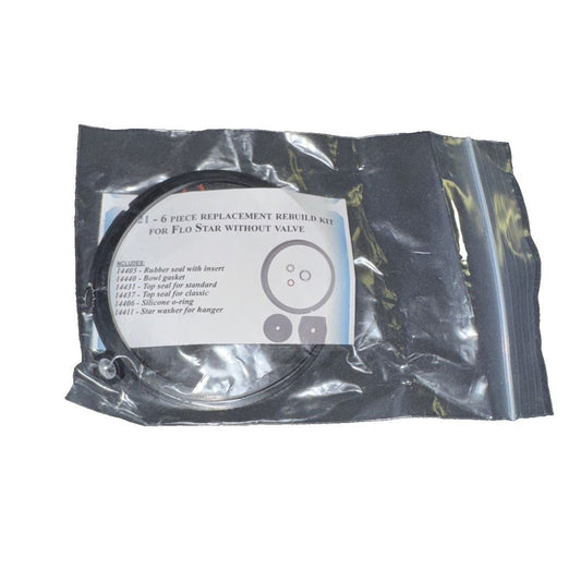 14421 - 6 Piece Replacement Rebuild Kit for Flo Star Without Valve – a black and white package with a white label