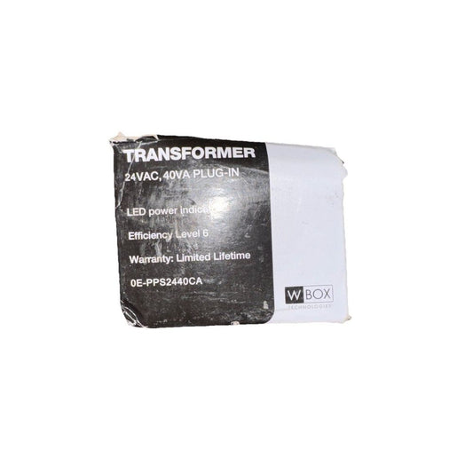 WBOX 24VAC 40VA Plug-In LED Power Indicator Transformer – a white box with a black label on it