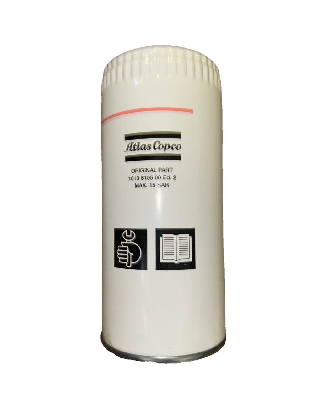 1613 6105 00 Ed 2 Atlas Copco Oil Filter Element – a white canister with a black and white label