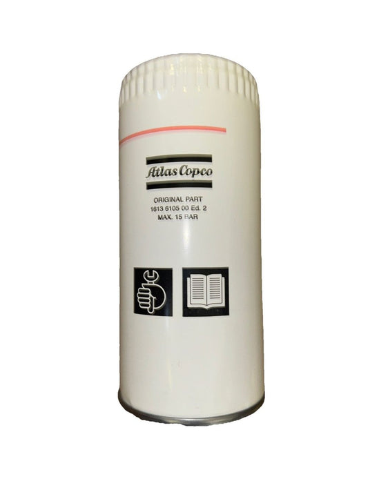 1613 6105 00 Ed 2 Atlas Copco Oil Filter Element – a white canister with a black and white label