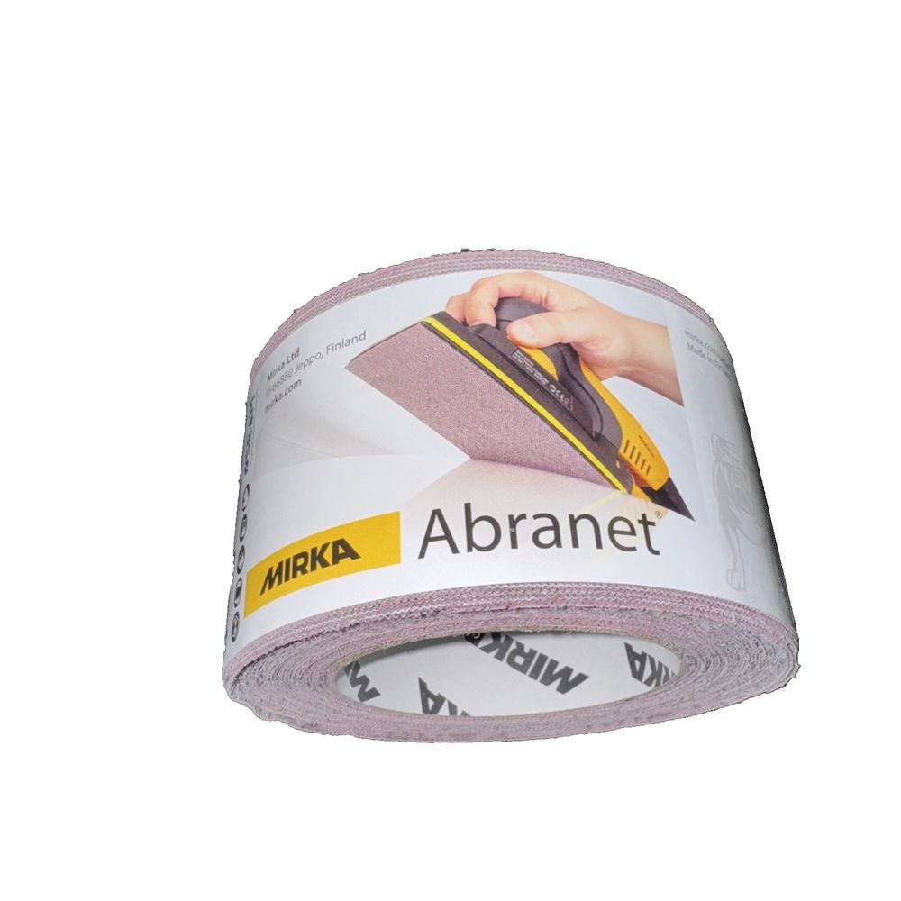 Mirka 9A-570-400 Abranet 2-3/4-Inch X 10yd Mesh Grip Roll – a roll of tape with a hand holding a pencil