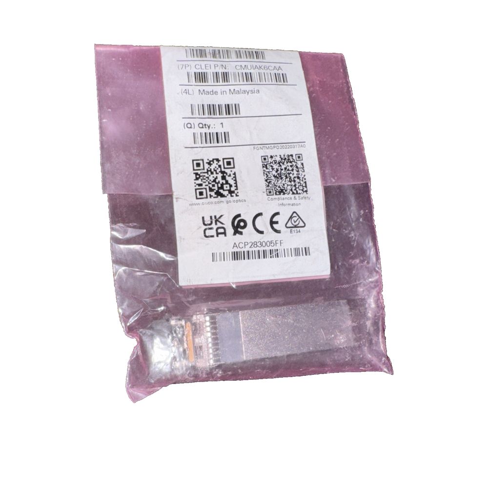 Cisco 10GBASE-SR SFP+ Module for MMF – a purple plastic bag with a white label on it