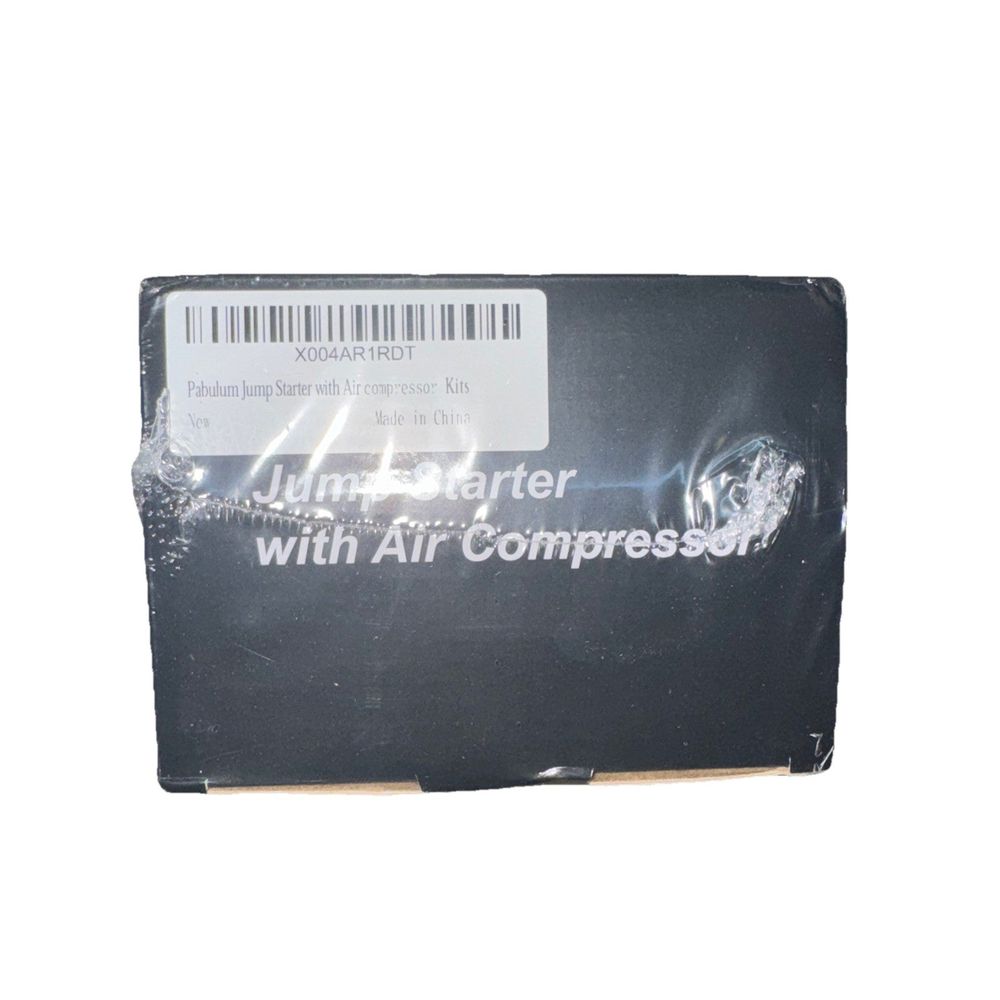 pabulum jump starter with air compressor – a black box with a white label on it