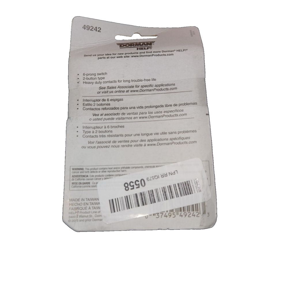 Dorman 49242 Front Driver Side Power Window Switch- Front Driver Side, 2 Button – a package of a white label with a barcode
