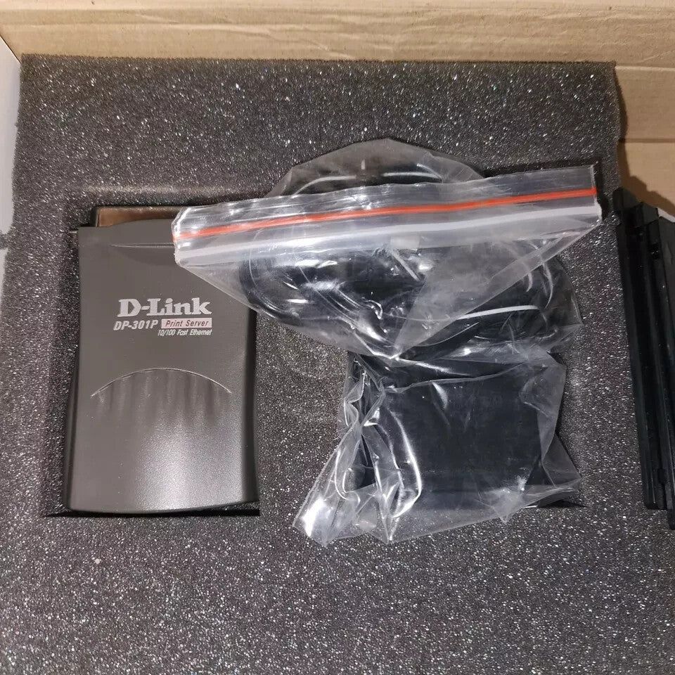 D-Link DP301P+ Network Centronics Printer Server – Wired USB Parallel Port Conne – a box with a black bag and a black bag