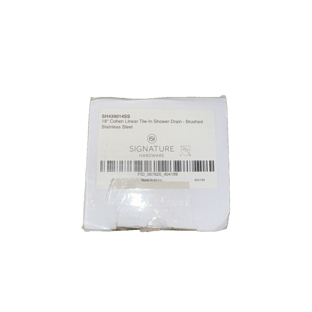 Cohen 439014SS Brushed Stainless Steel 18" Linear Tile-in Shower Drain – a white plastic bag with a barcodee label