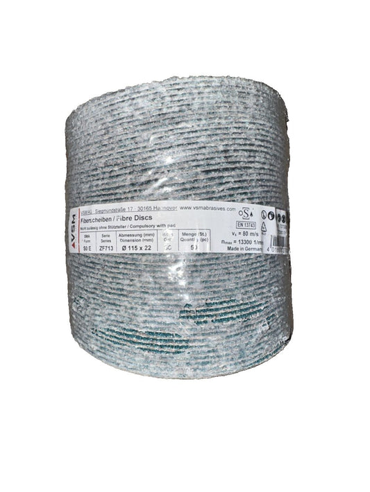 VSM Fiber Discs ZF713 115MMx22MM 36 Grit 50 Pack – a roll of gray cable with a white background