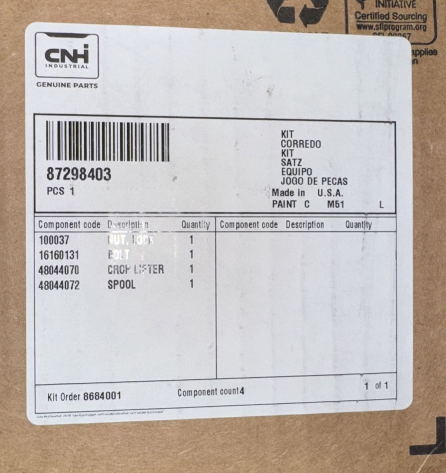 CNH Crop Lifter Kit 87298403 - Enhance Harvest Efficiency with Durable Lifters – a box with a label on it