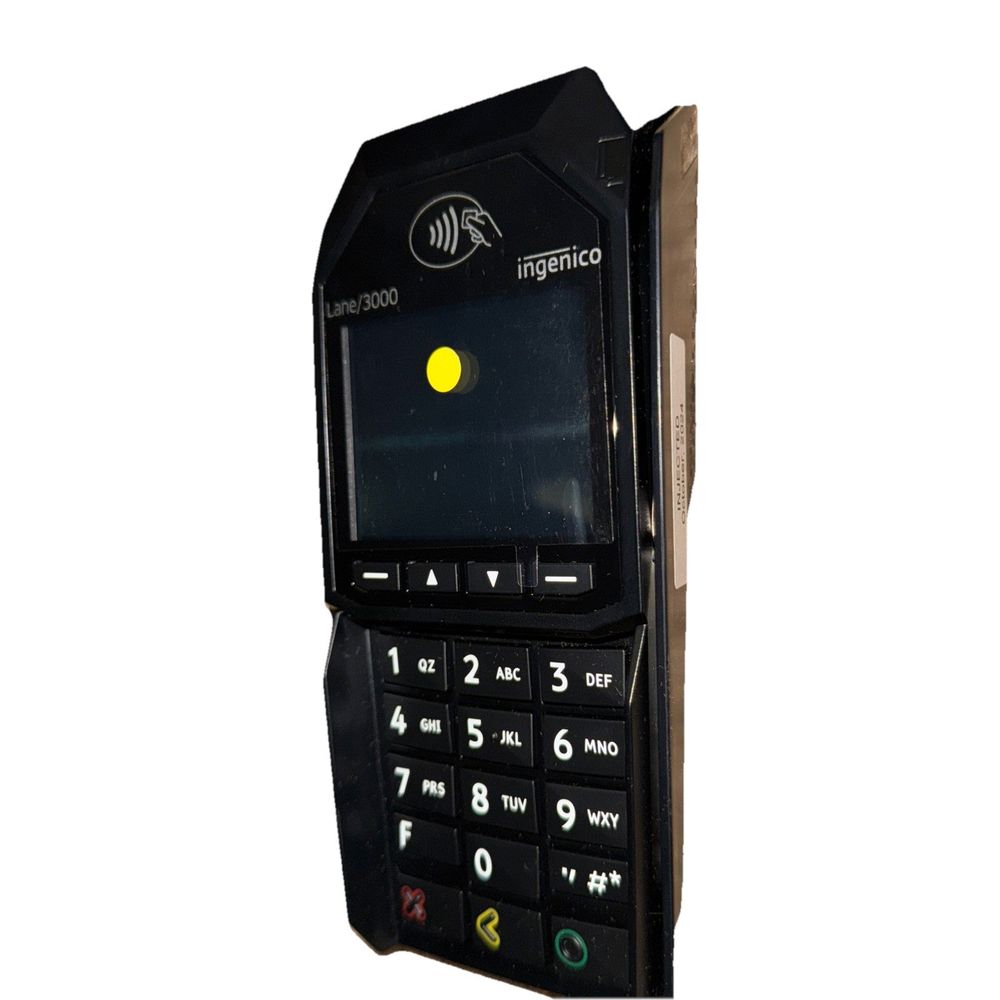 Ingenico Lane/3000 (No Cables/Extras) – a black phone with a yellow button on it
