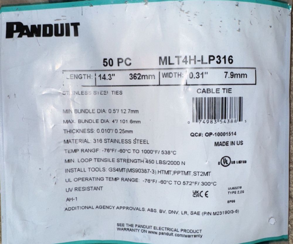 Panduit MLT4H-LP316 MLT Self-Locking Cable Tie, Heavy, 316 Stainless Steel, 14.3 – a label on a piece of paper that says,