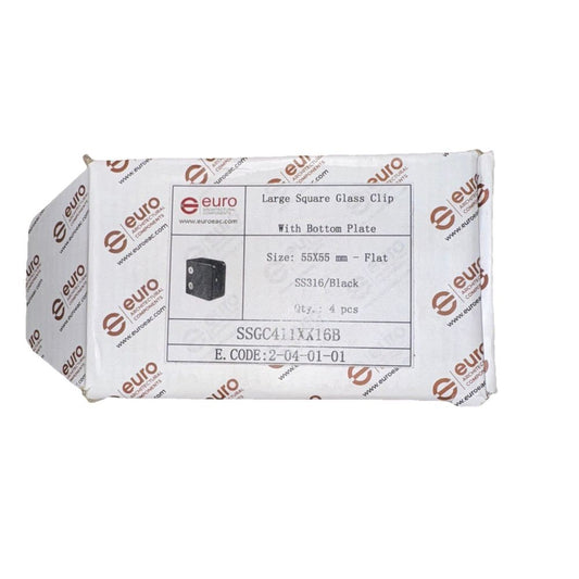 Large Square Glass Clip With Bottom Plate 55MMx55MM SS316/Black 4 PACK, Euro – a white box of paper with a black label