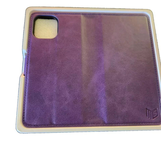 SUANPOT iPhone 12/12 Pro 6.1" RFID Blocking Wallet Case with Credit Card Holder – a purple leather iphone case with a white background