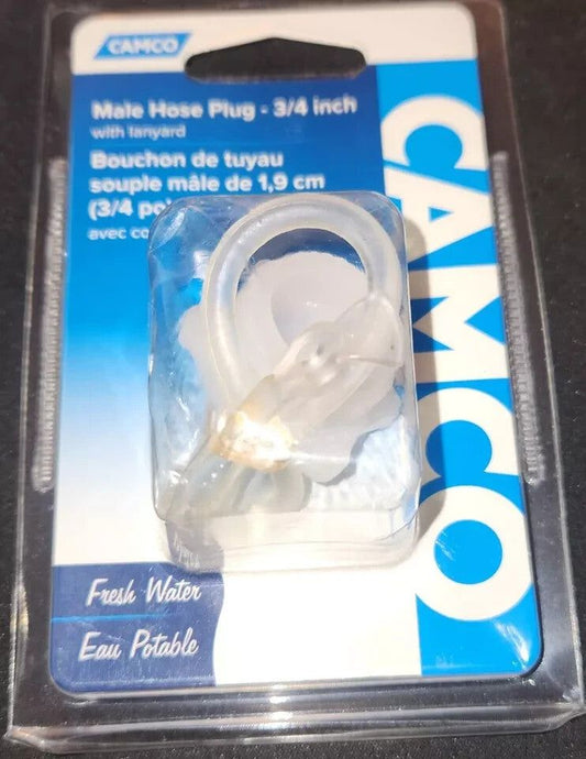 Camco RV Plug with Lanyard - Hassle-Free Maintenance Must-Have for Your RVNote – a white plastic ear plug with a blue and white logo