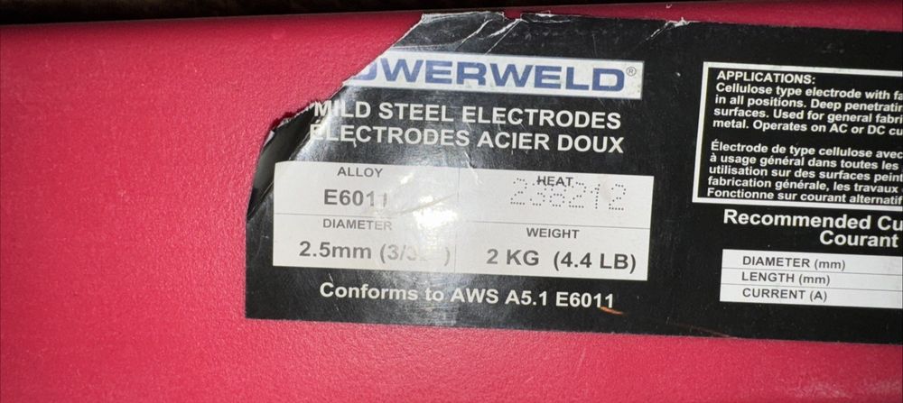 Mild Steel Electrodes E6011 2.5MM 2kg Powerweld, Power Weld – a red box with a label on it