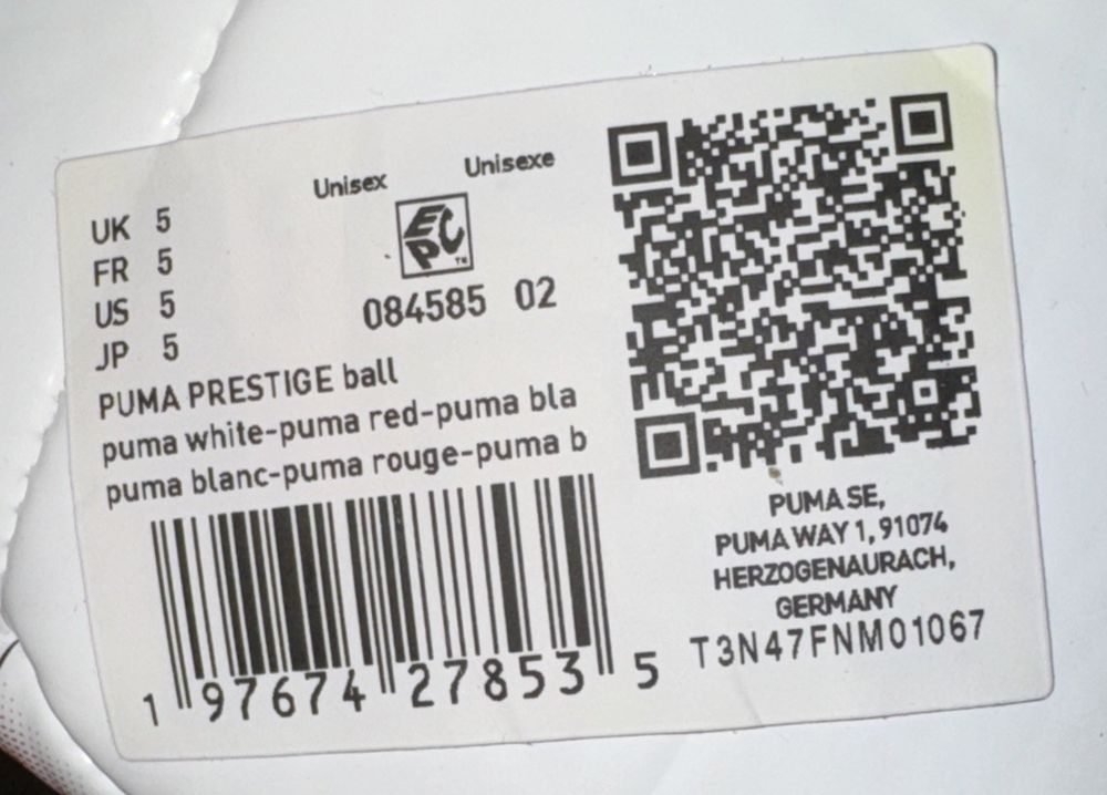 Puma Prestige Ball Size 5 – a white plate with a barcode on it