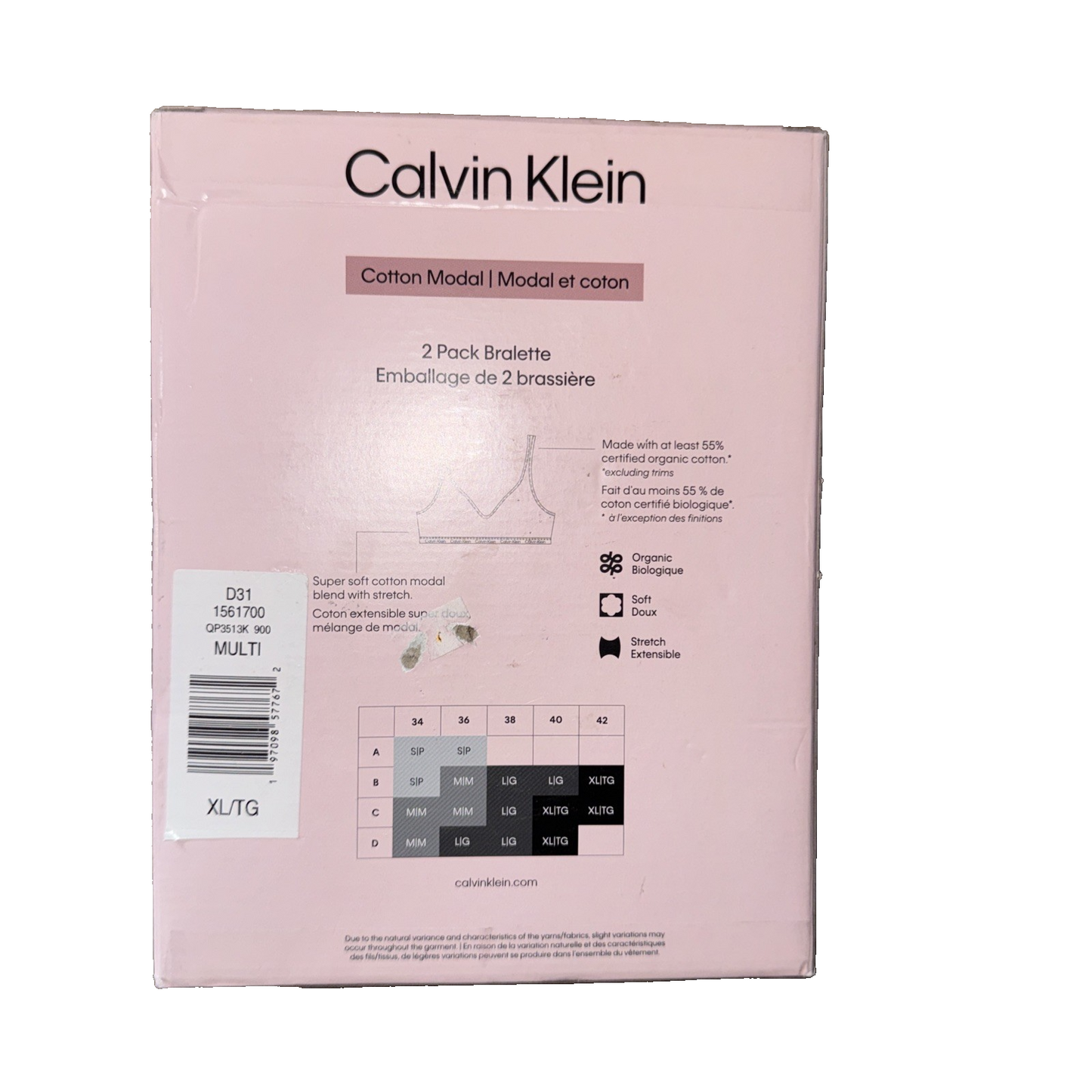 Calvin Klein 2 Pack Bralette Cotton Modal Colors Light Pinkk/Light Brown Size XL
