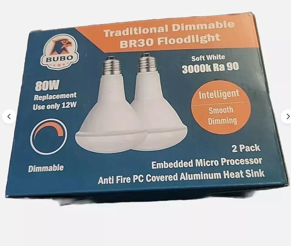 Traditional Dimmable BR30 Floodlight Bulbs 2-Pack Soft White 3000K RA 90, Energ, Bubo – a box of two white light bulbs