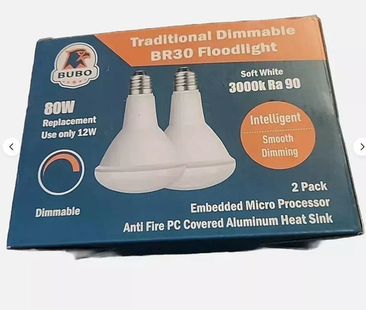 Traditional Dimmable BR30 Floodlight Bulbs 2-Pack Soft White 3000K RA 90, Energ, Bubo – a box of two white light bulbs