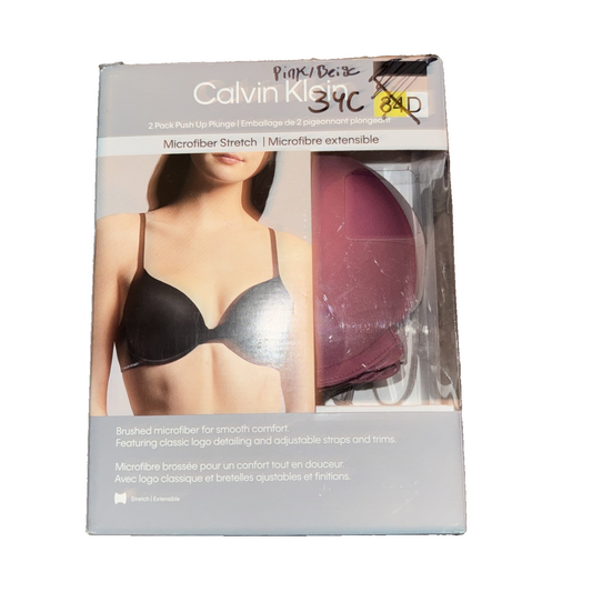 Calvin Klein 2-Pack Push Up Plunge Bra Pink And Beige Size 34C