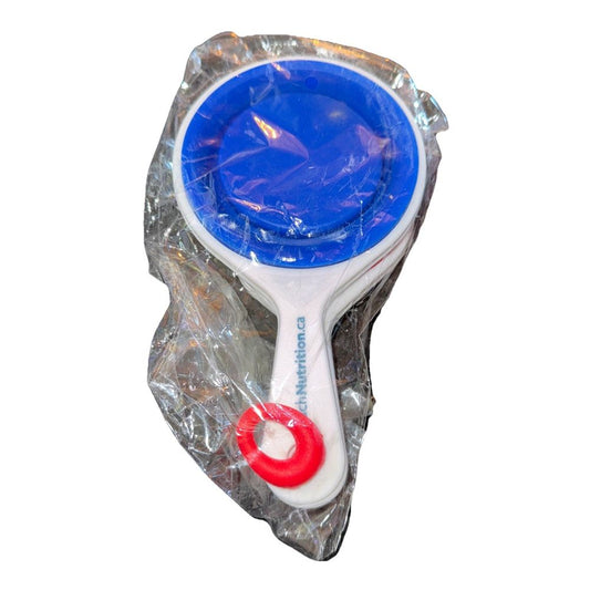 Teach Nutrition Measuring Cups – a blue and white plastic object with a red ball