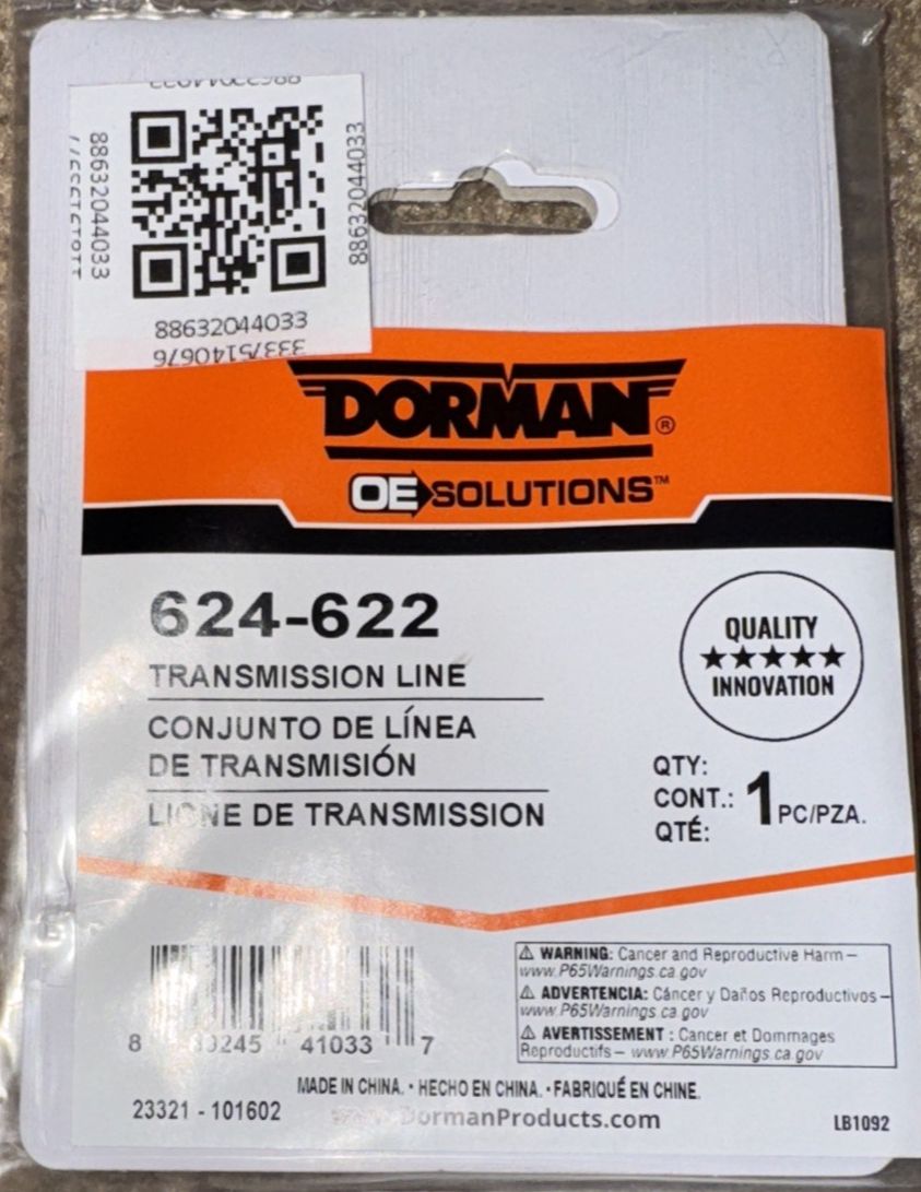 Dorman 624-622 Automatic Transmission Oil Cooler Hose Assembly Compatible with S – a white label with orange and black text on it