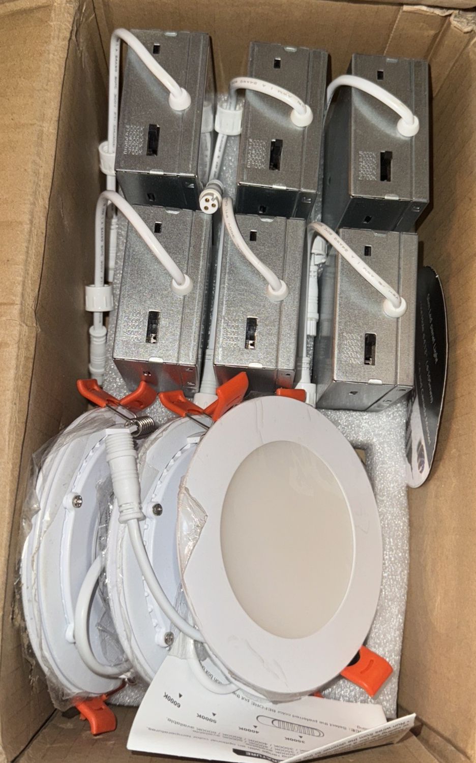4inch 5CCT LED Recessed Slim Pot Light, 6Pack, 750LM 9W 2700K/3000K/3500K/4000K/, Unbranded – a box with some electrical equipment inside