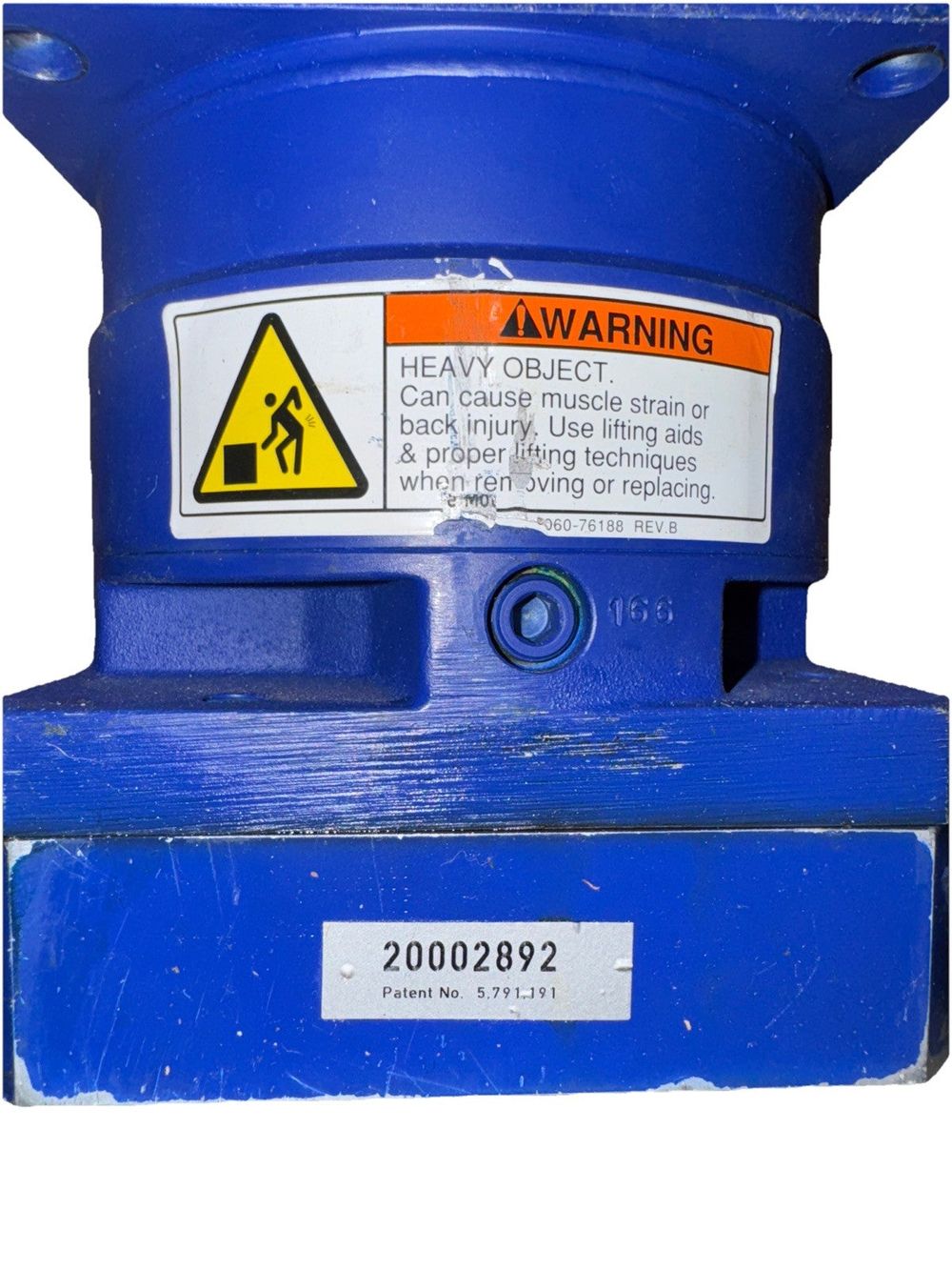 10801 YASKAWA AC SERVO GEARMOTOR SH10VA-S50A6 – a blue hydraulic valve with a warning sign on it
