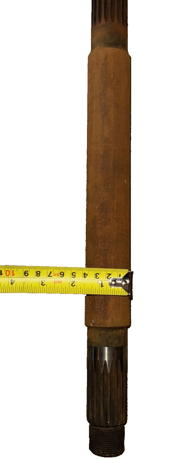 Ideal Automation Horticulture Power Shaft Drive – a large, old, rusty pipe with a measuring tape