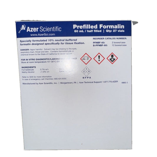 Prefilled Formalin 60 ML/ Half Filled 51 Total Vials, Azer Scientific – a white paper with a red arrow on it