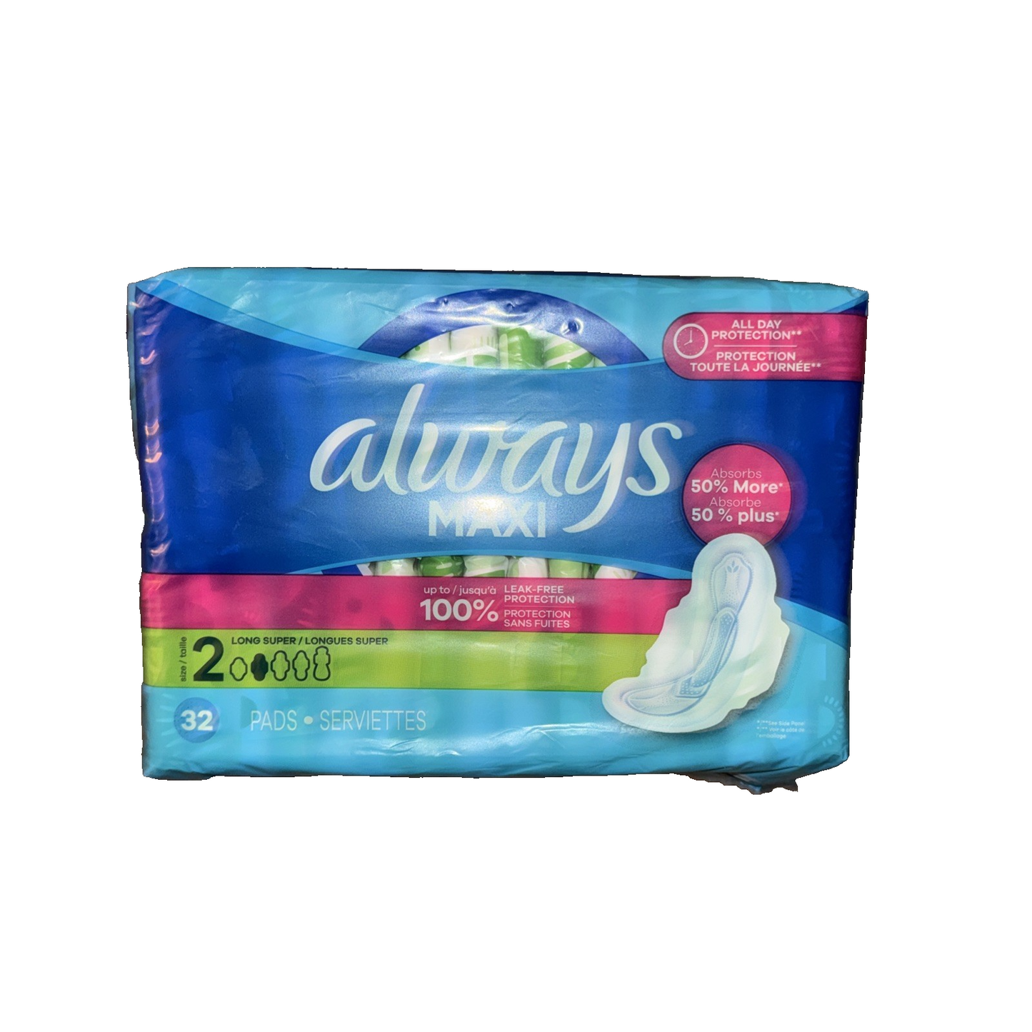 Maxi Pads Size 2 Long Super Absorbency Unscented with Wings, 32 Count