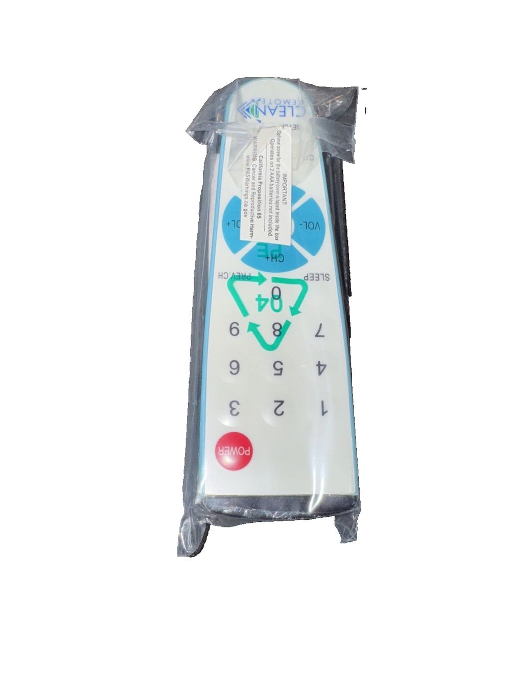 Clean Remote Universal TV Remote CR1 Hospital TV Remote – a white plastic bag with a blue and green logo