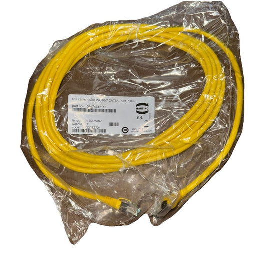 RJI cable 4x2xAWG26/7 CAT6A PUR, 5.0m Harting – a yellow extension hose with a plastic wrap