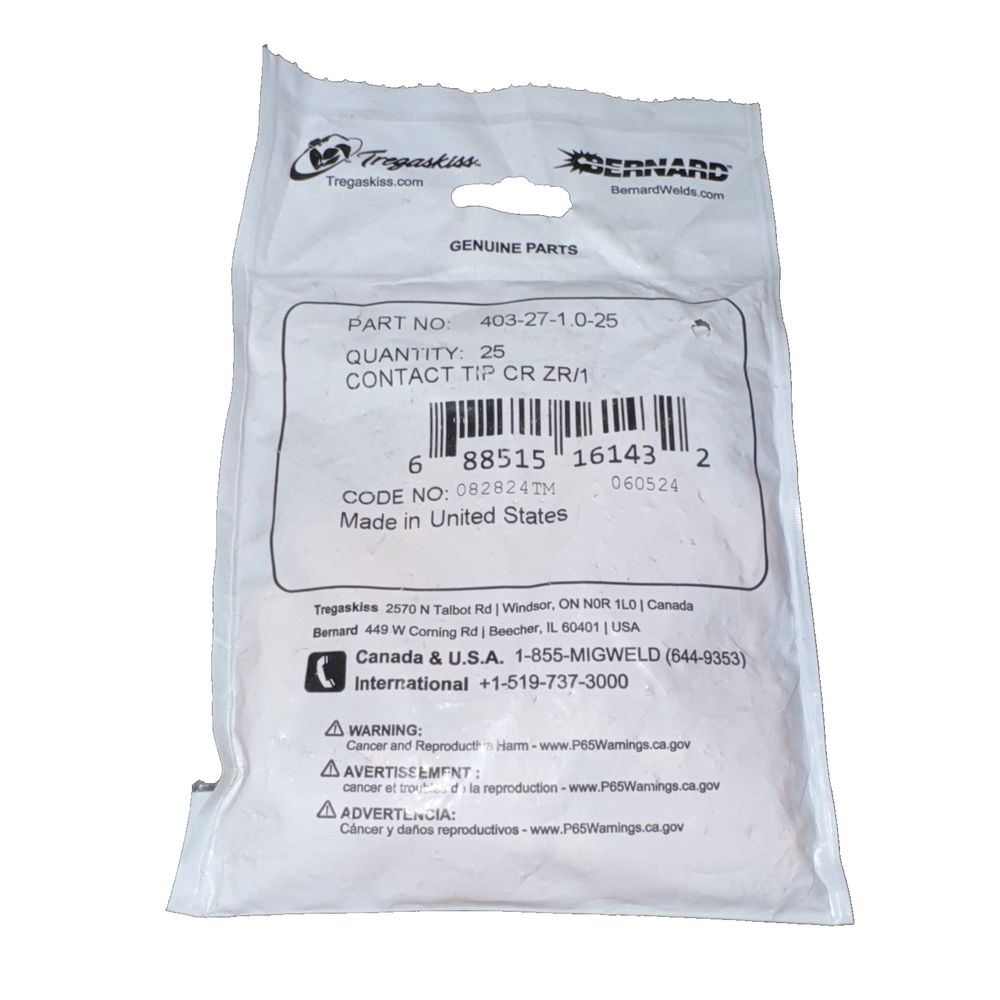 Tregaskiss CONTACT TIP 045R 1.0MM CHRM | 403-27-1.0-25 Pack, Tregakiss – a bag of white plastic material