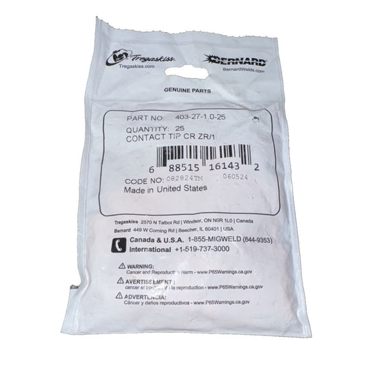Tregaskiss CONTACT TIP 045R 1.0MM CHRM | 403-27-1.0-25 Pack, Tregakiss – a bag of white plastic material