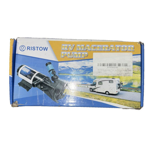 RISTOW RV Macerator Pump 12V, 12GPM RV Waste Water Pump Self-Priming – a box of a white van with a blue and yellow label