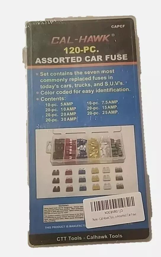 120 PCS CAL-HAWK Regular Size Blade ATO Auto Car Fuse Assortment Kit - Organized – a card with a picture of a car fuse