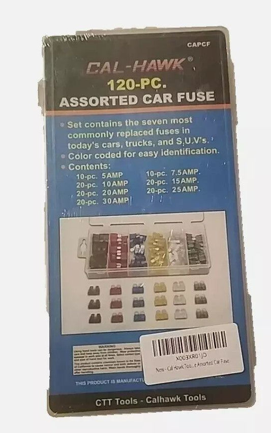 120 PCS CAL-HAWK Regular Size Blade ATO Auto Car Fuse Assortment Kit - Organized – a card with a picture of a car fuse