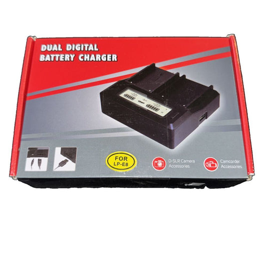 Dual Digital Battry Charger For LP-E8, Unbranded – a black and white box with a red label on it