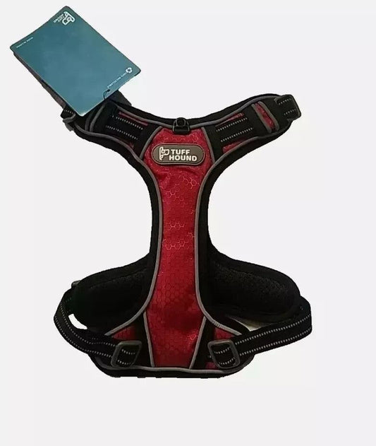 Reflective Vest Harness - Four Point Adjustment, Dual Straps, Pomegranate Red, Tuff Hound – a red and black dog harness with a tag on it