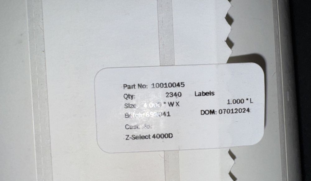 10010045 - Zebra 4" x 1" Z-Select 4000D Label (Case) – a white door with a label on it