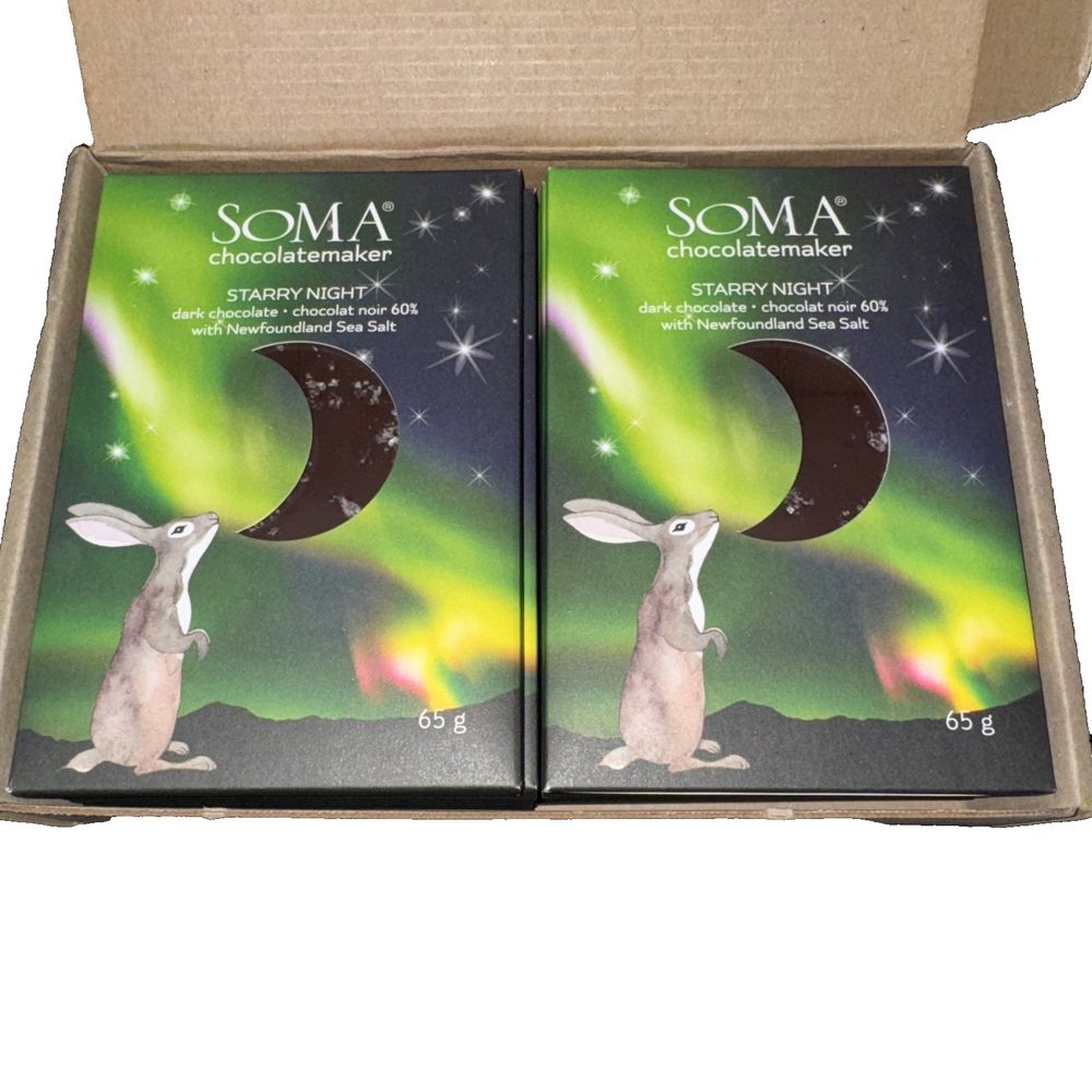 Soma Starry Night Milk Chocolate with Newfoundland Sea Salt Case Of 12 BB 2027 – two boxes of chocolates with the same chocolates