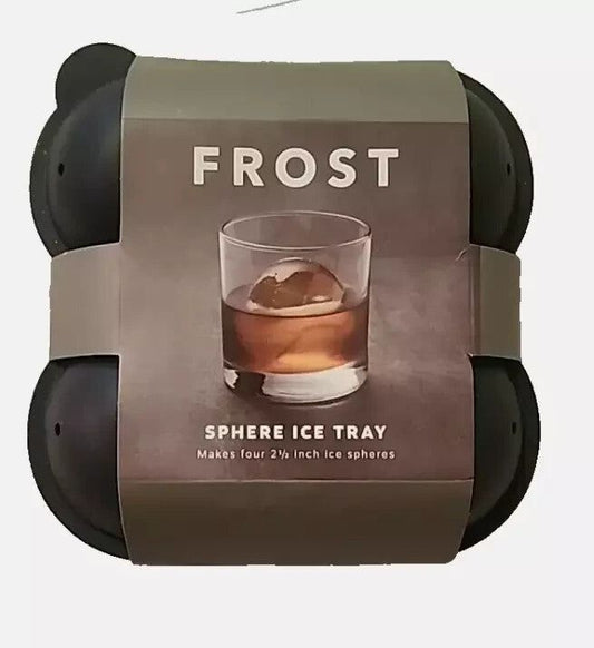 Frost Sphere Ice Tray - 4x 2.5" Round Ice Balls for Cocktails, Whiskey, & More – a box of frosty ice with a glass of ice