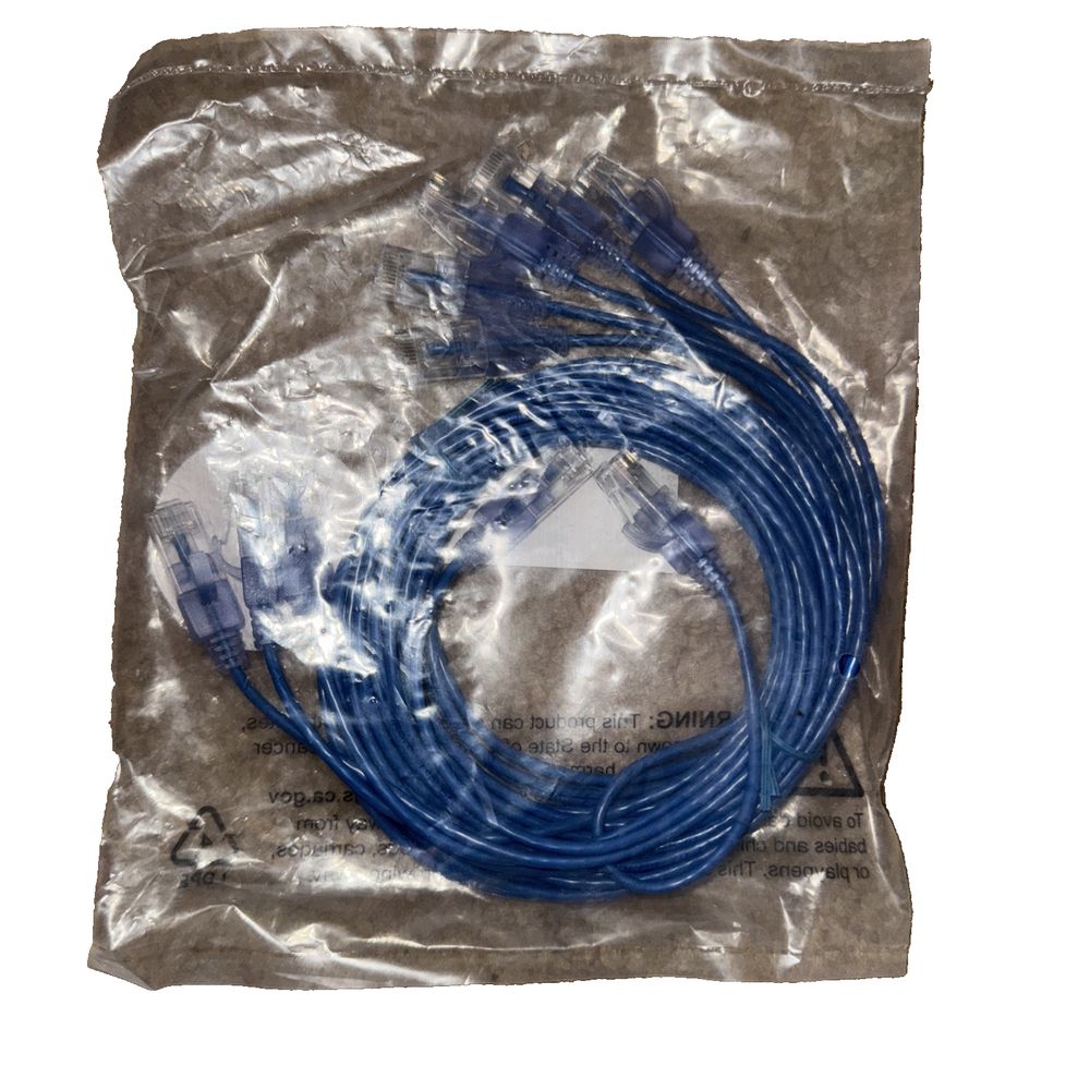 Monoprice Cat6A 7ft Blue 5-Pk Patch Cable, UTP, 30AWG, 10G, Pure Bare Copper – a blue cable in a plastic bag