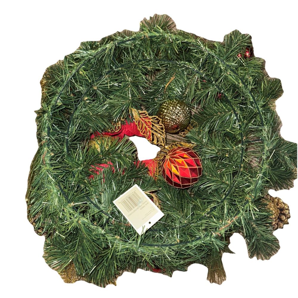 Northlight Poinsettias and Ball Ornaments Artificial Christmas Wreath - 24" - Un – a wreath with a red and green bow