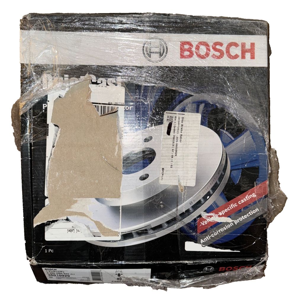 BOSCH 36010929 QuietCast Premium Disc Brake Rotor - Compatible with Select Merce – a box with a piece of paper and a tape