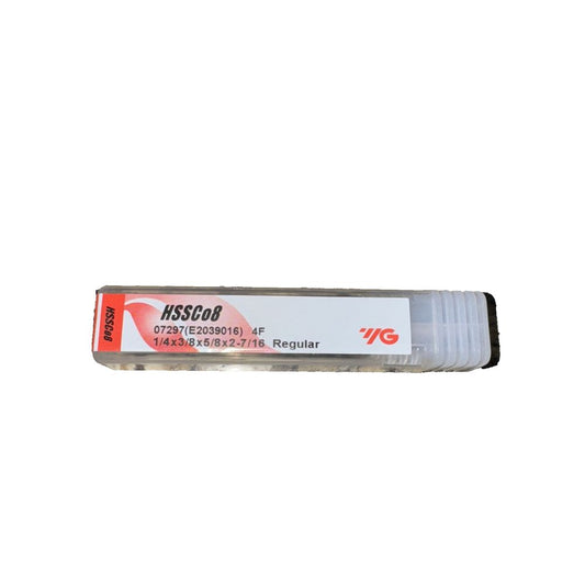 YG HSSCo8 End Mill 1/4 x 3/8 x 5/8 x 2-7/16 Regular 07297 (E2039016) – a white tube with a red and black label